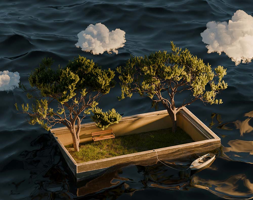 A small island with trees floating on the dark ocean